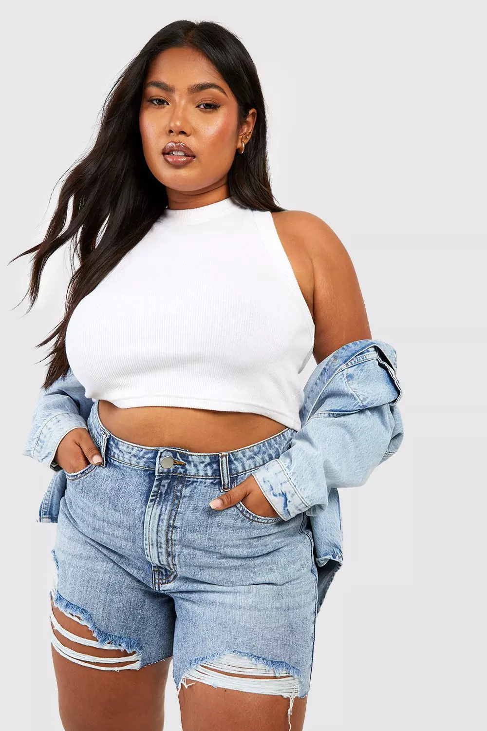 Plus size shredded shorts store